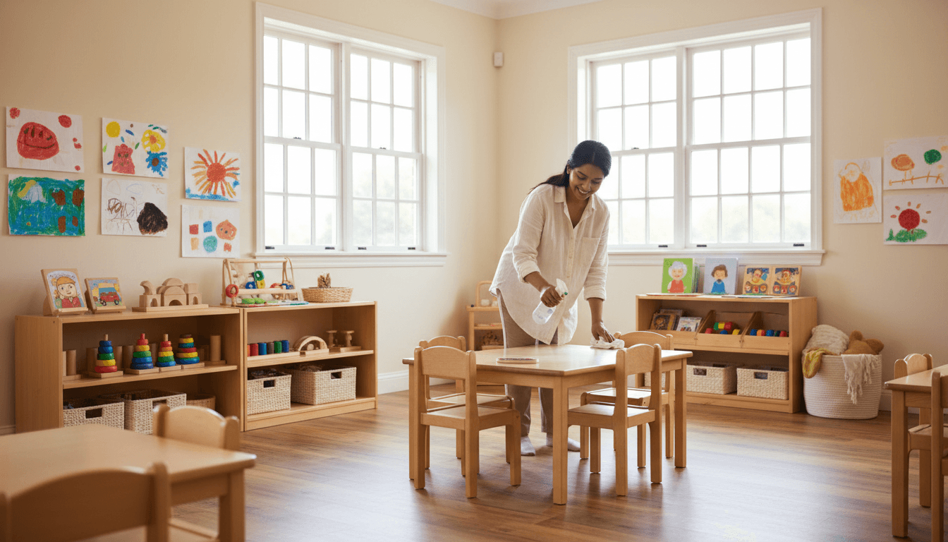 Childcare educator cleaning a craft table with natural cleaning solution in a bright, welcoming classroom