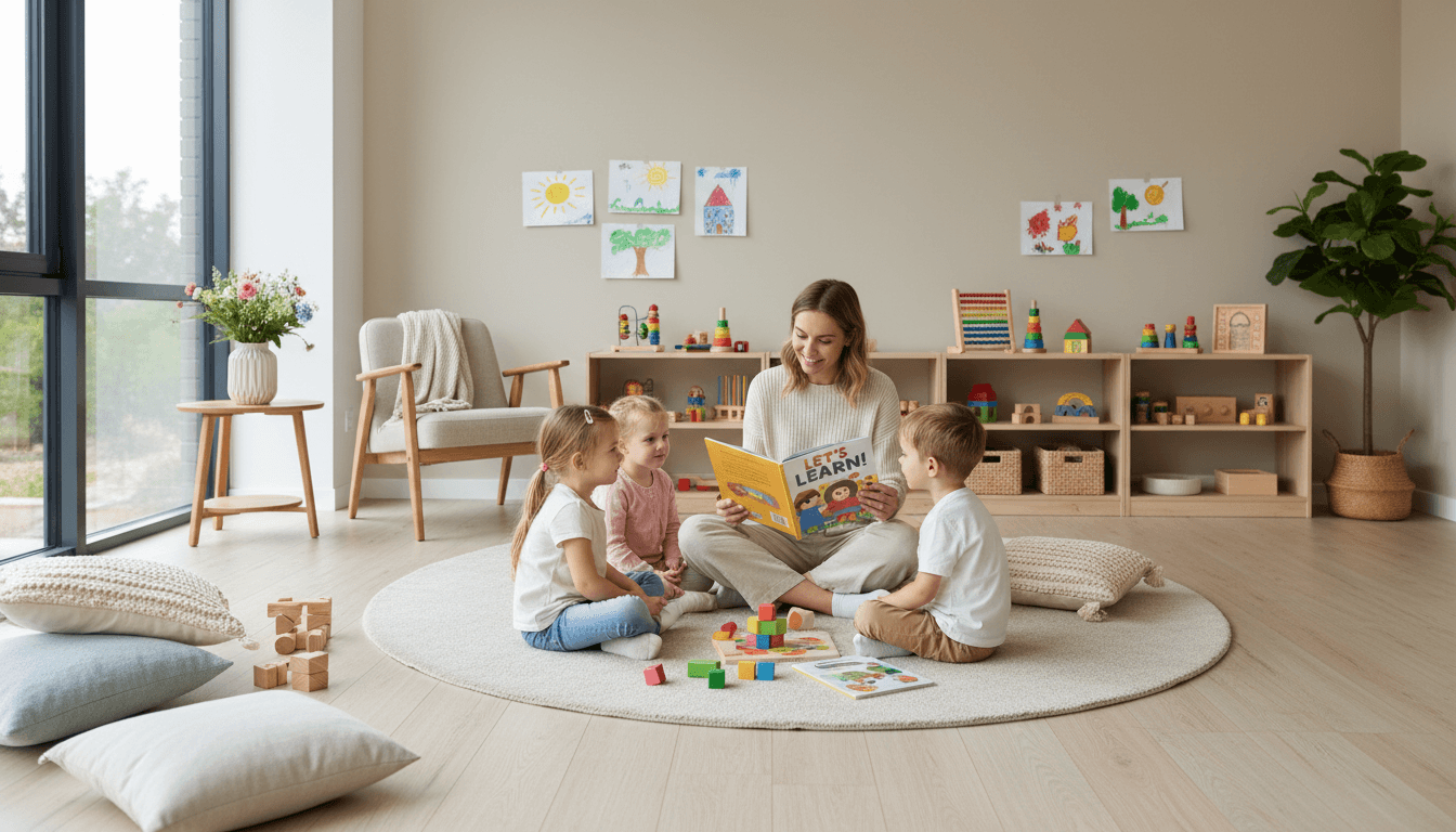 Caregiver sitting with three diverse children during a learning circle activity in a bright, organized home playroom