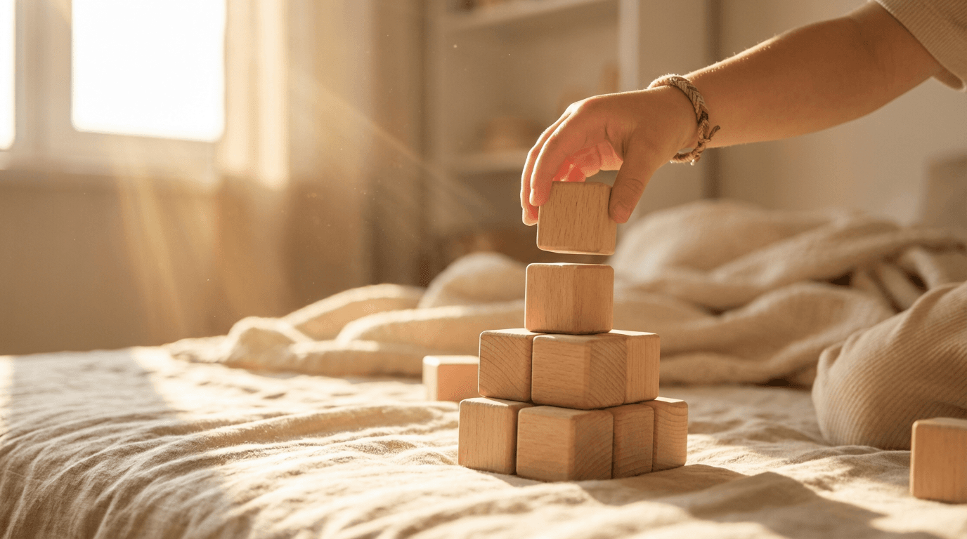 Childcare educator cleaning a wooden table in a bright, organized classroom environment