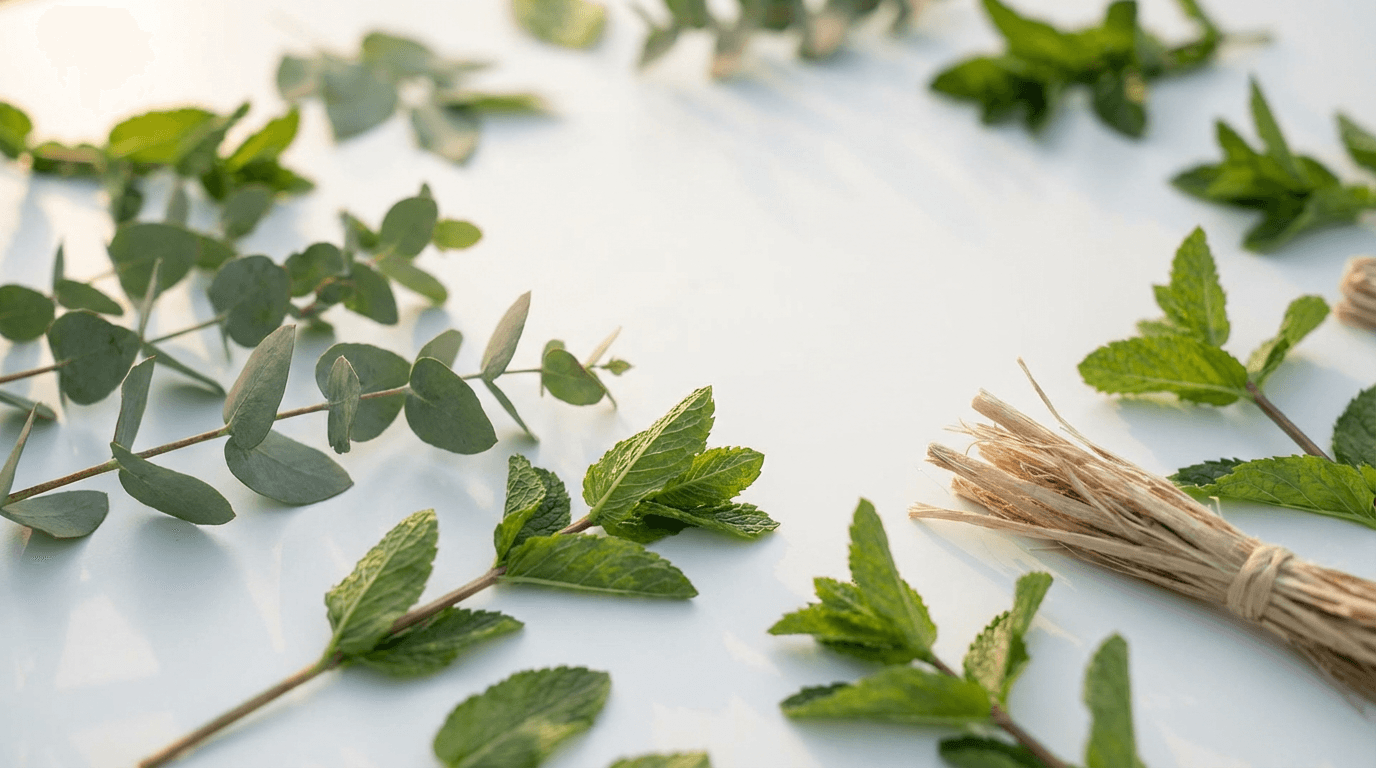 Overhead shot of fresh mint, eucalyptus, and plant materials with soft natural light and subtle camera movement.