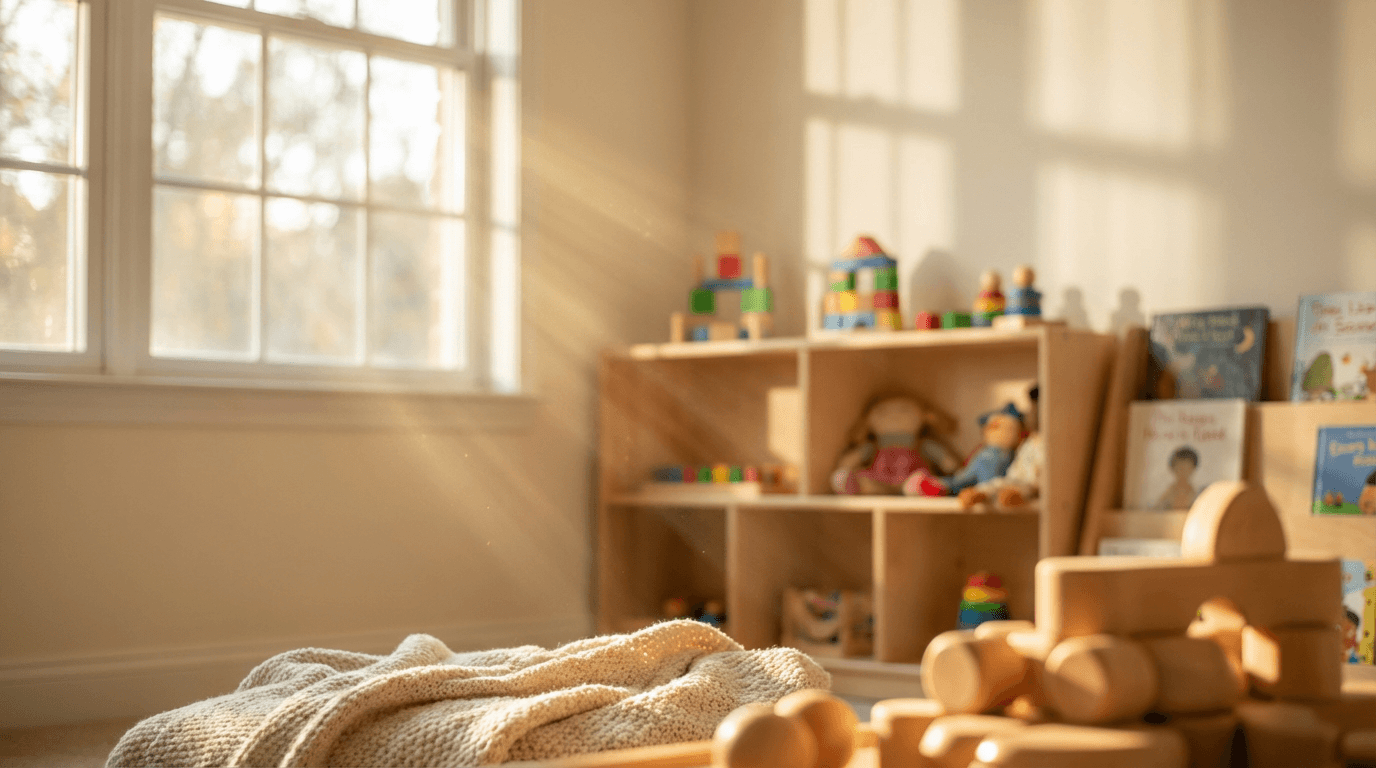 Childcare educator cleaning a table in a bright, organized early learning environment