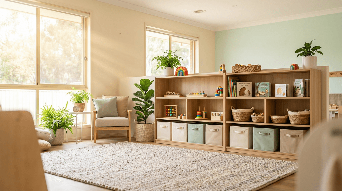 Clean, organized childcare classroom with natural lighting and minimal product clutter