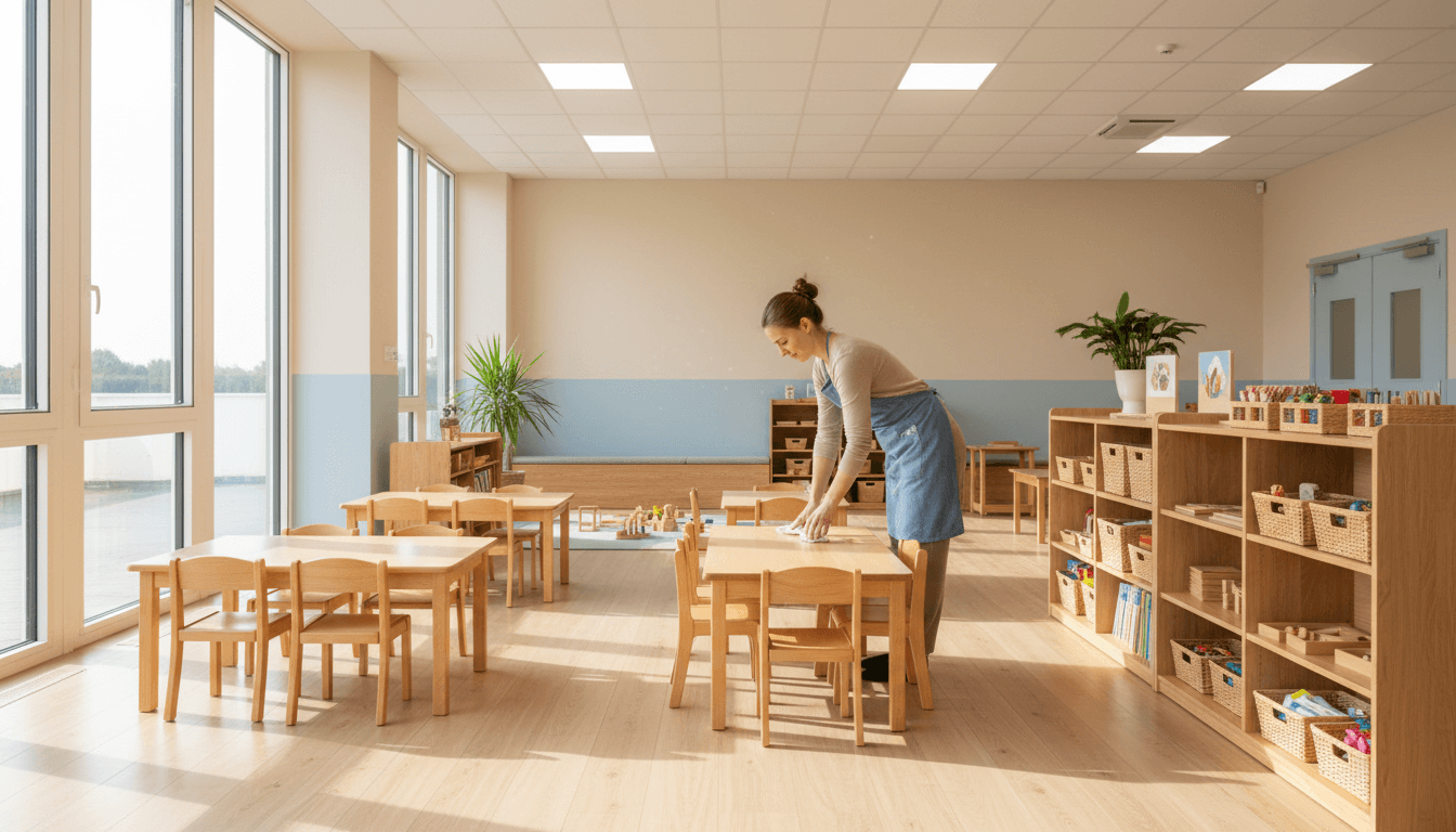 Bright classroom interior with educator sanitizing table during peaceful morning setup routine