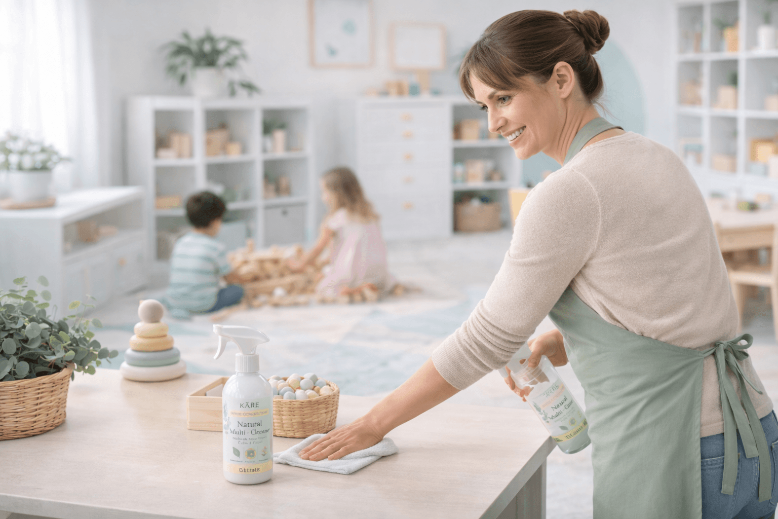 Smiling woman cleans a table with natural spray while children play in a bright playroom.