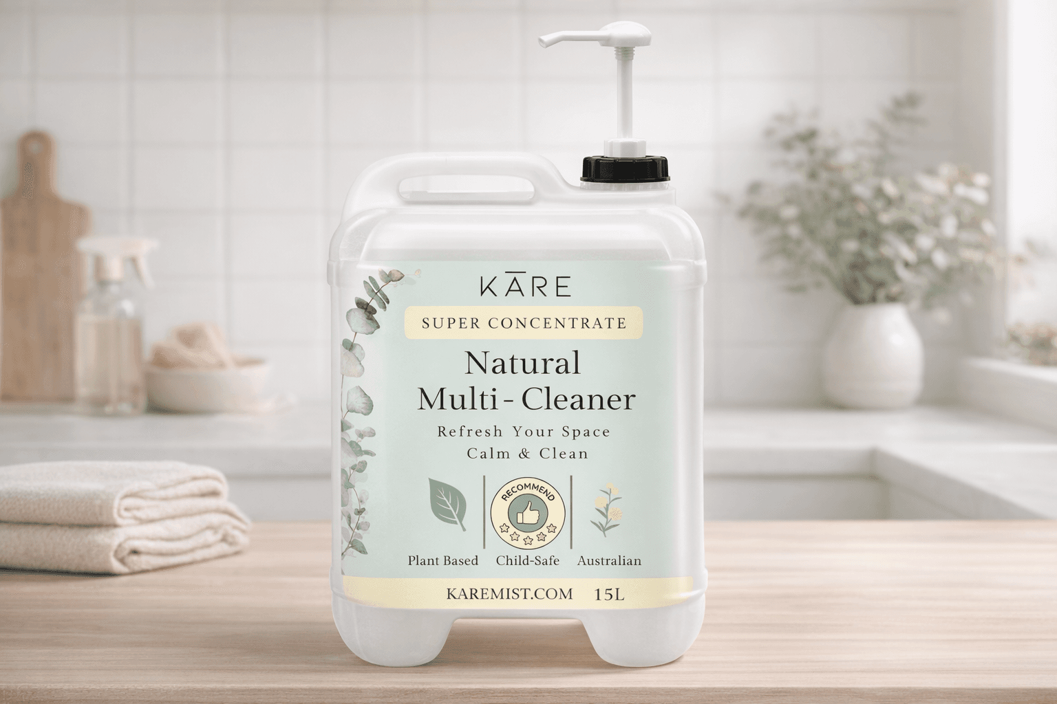 Large 15L jug of KARE natural multi-cleaner with a pump dispenser on a wooden counter.