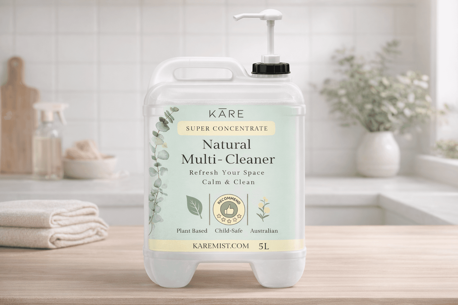 5L KARE natural multi-cleaner bottle with a pump dispenser on a wooden counter.