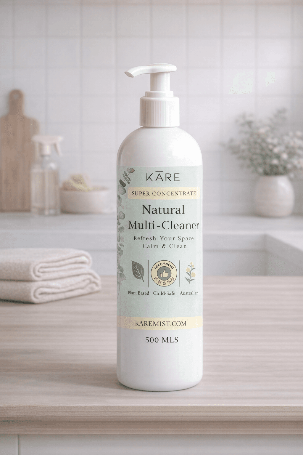 KARE Natural Multi-Cleaner pump bottle on a wooden counter in a bright, clean kitchen.