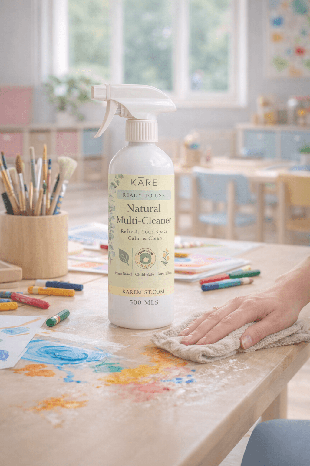 Hand wiping paint off a wooden table next to a bottle of KARE natural multi-cleaner.