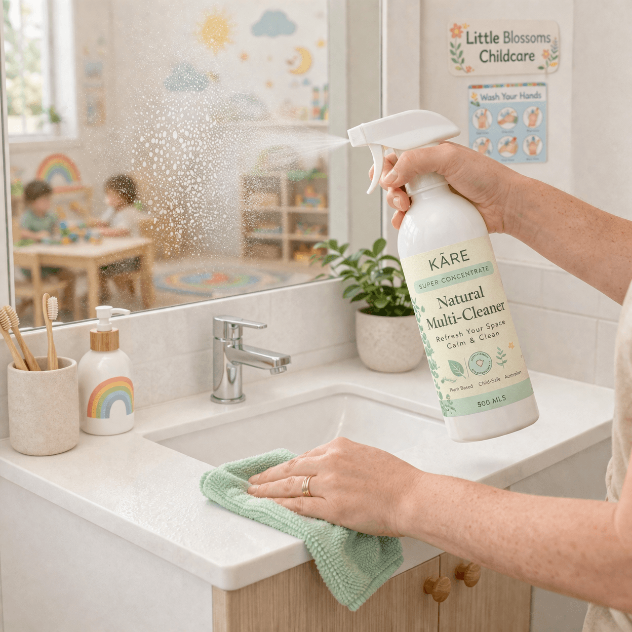 Hand spraying KĀRE Natural Multi-Cleaner on a mirror while wiping a white bathroom counter.